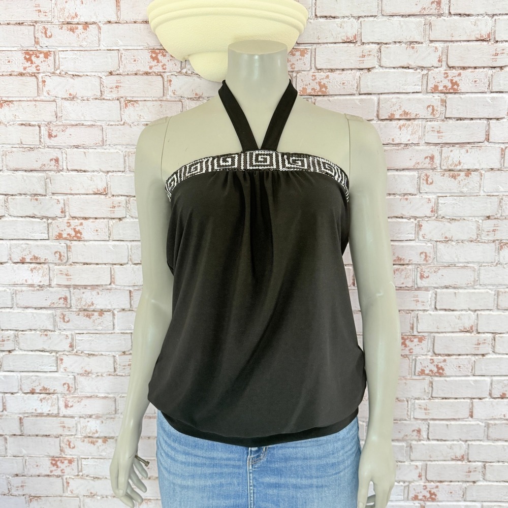 MKM Designs Black Sequin Greek Key Meander Halter Top Lg Y2K Blouson Indie Glam